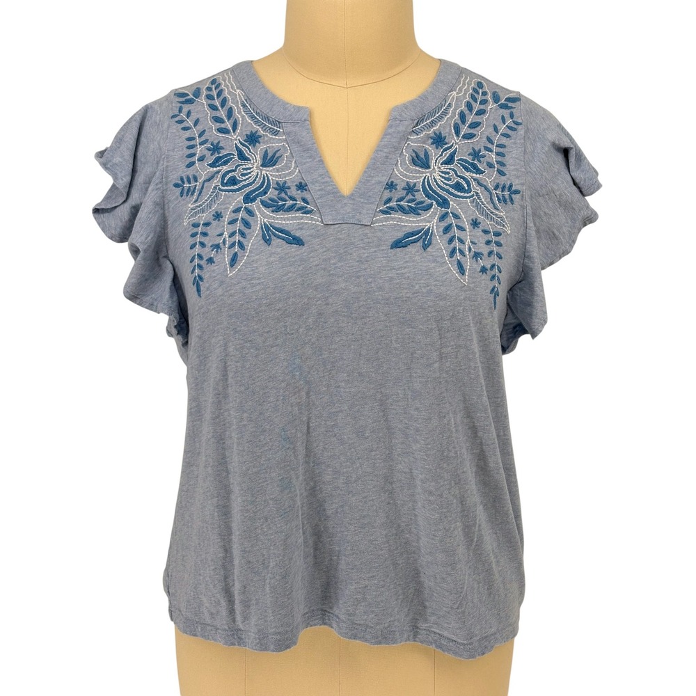 Talbots Embroidered Ruffle Sleeve Top Blue 100% Cotton 1X